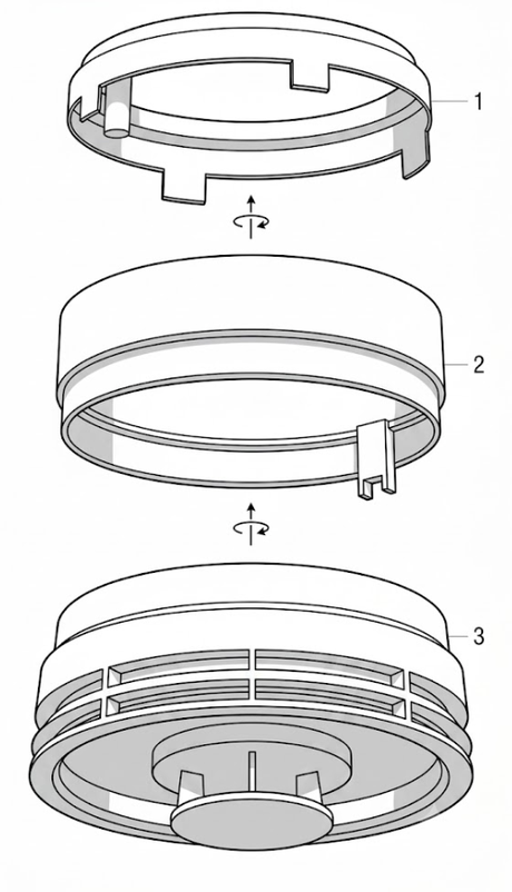 Explosionszeichnung des MultiMo+pro-Adapters: Ei-Rauchwarnmelder, MultiMo-Adapter und vorhandene Montageplatte